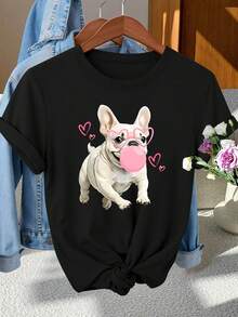Camiseta retro para amantes de la chicle y los perros, con gafas en forma de corazón| Estampado de chicles rosados y cachorros, cuello redondo, mangas cortas, estilo casual, lavable a máquina, adecuado para primavera, verano y otoño. - Negro - Ver 6