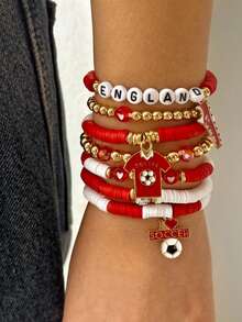 7件套时尚足球主题弹力手链，多层叠戴软陶珠手链，男女皆宜 - 英格蘭 - 查看 4