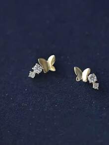 一对925纯银镀14K金蝴蝶形立方氧化锆耳环，法式奢华精致简约百搭迷你耳钉，女士款 - 蝴蝶1 - 查看 5