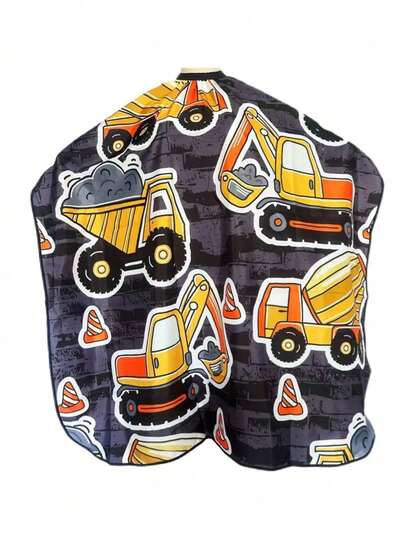 Vehicle Pattern Haircutting Cape - Excavator Theme Haircutting Apron, Waterproof And Non-Stick, With Bulldozer And Dump Truck Patterns, Adjustable Neckline, Salon And Home Haircutting Cape, Roleplay Haircutting Accessory For Hairstylists Or Parents