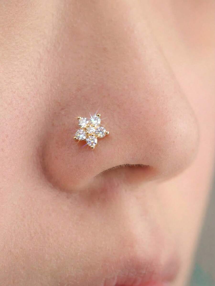 1pc Flower Design Clear Cubic Zirconia Nose Stud, L Shape Piercing Nose Ring For Women - Gold 2 - View 1