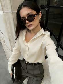 Women's Casual Loose Elegant Commuter Minimalist Soft Fashion Polo Collar Long Sleeve Shirt, Suitable For Multi-Occasion Wear Such As Commuting, Work, Home In All Seasons Spring - Apricot - View 4