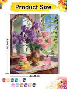 Natura morta con iris viola e rose rosa, macarons e bottiglia di profumo, pittura ad olio fai-da-te per numeri su tela, artigianato, decorazione domestica per adulti, 40x50cm/16x20 pollici, regali per le vacanze - 40*50 cm - Visualizzare 2
