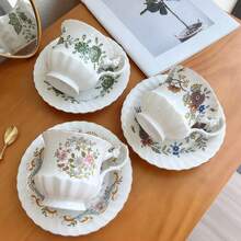 French Blue & Gold Rim Coffee Cup & Saucer Set, High-End Floral Pattern, Elegant Afternoon Tea Ceramic Cup & Saucer Set - Multicolor - View 9