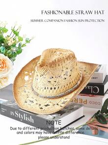 1顶男女通用宝石装饰西部牛仔帽，镂空印花草帽，春夏旅行防晒沙滩帽，休闲遮阳帽（收到产品后，如果帽檐变形，需要手动调整恢复原状） - A - 查看 33