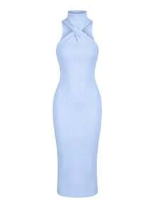 2025 Autumn New Elegant Backless Twist Halter High Neck Sleeveless Fitted Bodycon Blue Maxi Dress, Party Dress, Street Style, Cruise Wear, Concert Outfit, Holiday Dress, Wedding Guest Dress - Baby Blue - View 6