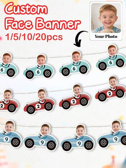 1/5/10/20pcs, Personalized Racing Car Photo Paper Head Banner Decorations, Custom Face Cupcake Decorations, Custom Boy Racing Car Cupcake Banner Lanyards, Racing Car Boy Birthday Party Decorations, Happy Hour Decorations, Customizable Photos, Easily Decorate Parties - Suitable For Birthdays, Baby Parties, Family Gatherings, Happy Holidays - Perfect For Families, DIY Party Enthusiasts, Event Planners - Party Decorations, Personalized Holiday Decorations, Party Supplies