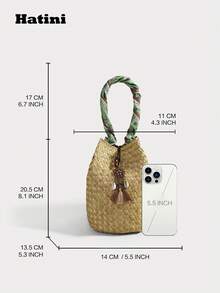 1pc Bohemian Style, Fashion Tassel Woven Bag, Casual Vacation Beach Tote, Outdoor Picnic Party Handbag, Suitable For Women Office, Commute, Date, Shopping, Leisure, Vacation, Beach, Music Festival, Party, Wedding, School (Natural Grass Woven Color May Have Slight Variations) - 綠色 - 查看 2