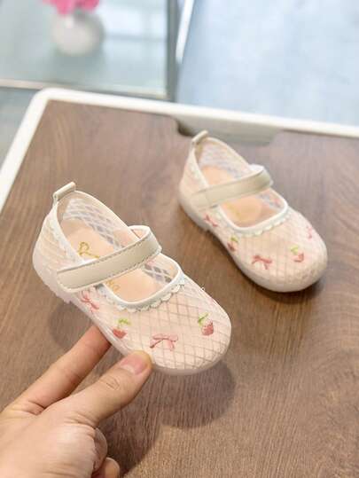 1 Pasang Sandal Datar Anak Perempuan Baru dengan Perekat Velcro, Sandal Musim Panas Gaya Putri dengan Renda Jala
