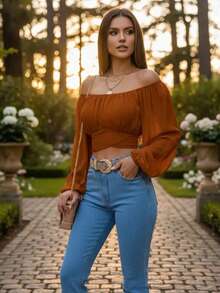 Blusa Crop campesina pecho fruncido con cinta de amarre trasera - Marrón - Ver 4