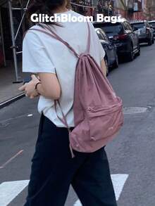 时尚百搭尼龙抽绳背包，粉色手提包/单肩包，ins风女包，大容量防水背包 - 西瓜粉 - 查看 2