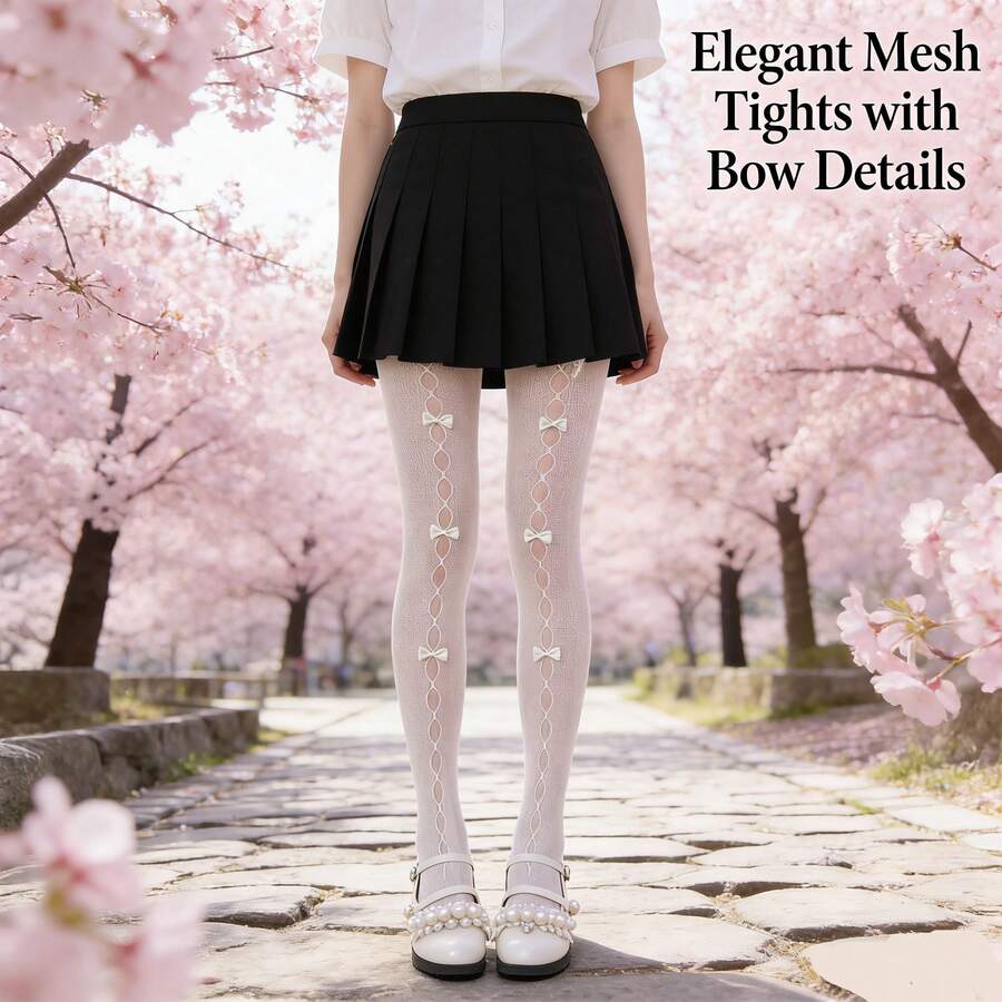 1 Pair Y2K Lolita Red Bow Fishnet Thigh High Stockings, Hollow Out Design For JK Girls - White - View 1