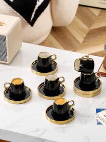 1 Cup 1 Saucer / 6 Cups 6 Saucers, 110ml + 4.5inch Ceramic Cup & Saucer Set, Electroplated Gold Design, Luxury Minimalist Style, Coffee/Tea Set For Home, Office, Living Room, Kitchen, Gift - Black - View 5