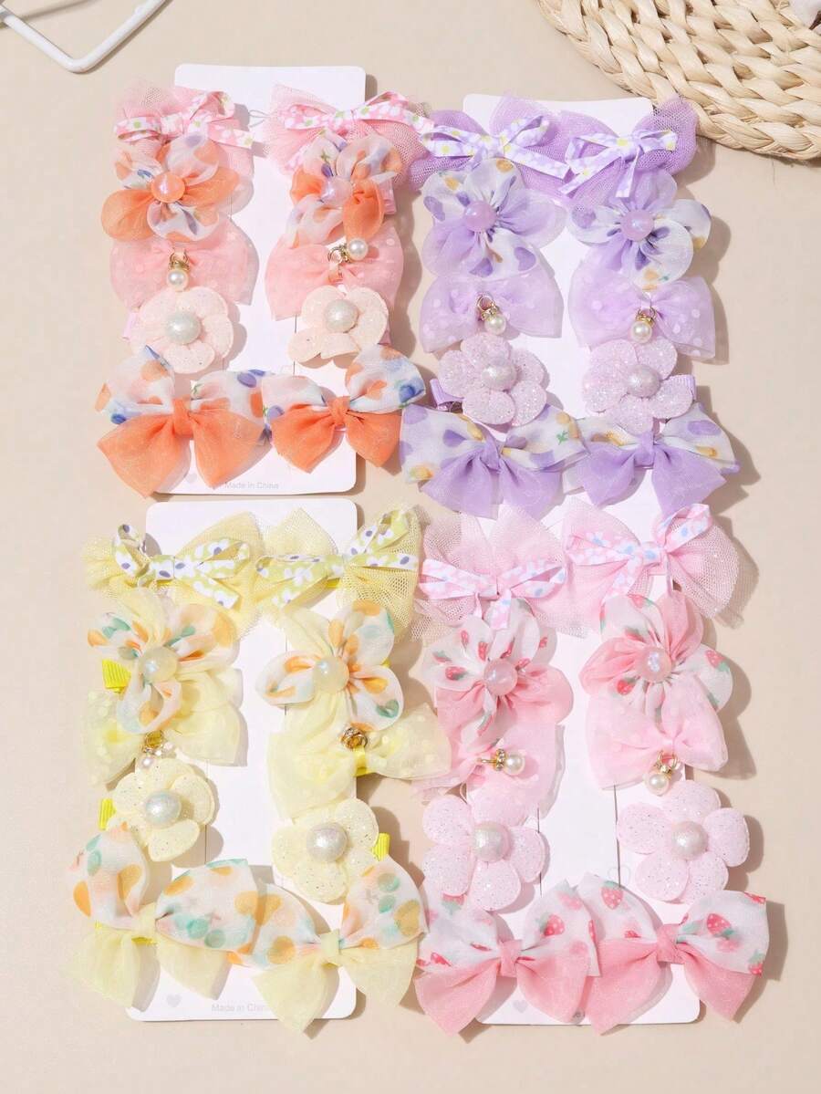 10pcs/Set Girls Fabric Flower & Bow Hair Clips, Gentle On Hair, Suitable For Daily Wear - MultiWarna - View 1
