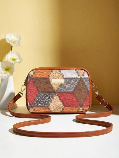 复古时尚斜挎包，几何菱形撞色拼接网格设计，适合女性日常使用