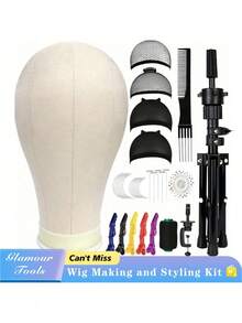 Mannequin Head Training Set - Professional Wig Display Stand, Includes Canvas Head Base, T-Shaped Pins, Wig Cap, Suitable For Hairstyle Design Practice, Unisex Adult Style (Gift Set Includes Full Kit/Desktop Stand Only) - Multicolor - View 4