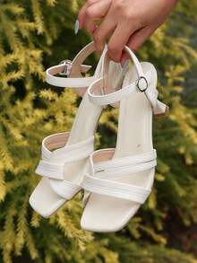 White Slim Heel Sandals For Teen Girls - Square Toe Cross Strap With Ankle Wrap & Metal Ring, Fresh Summer Style - White - View 9