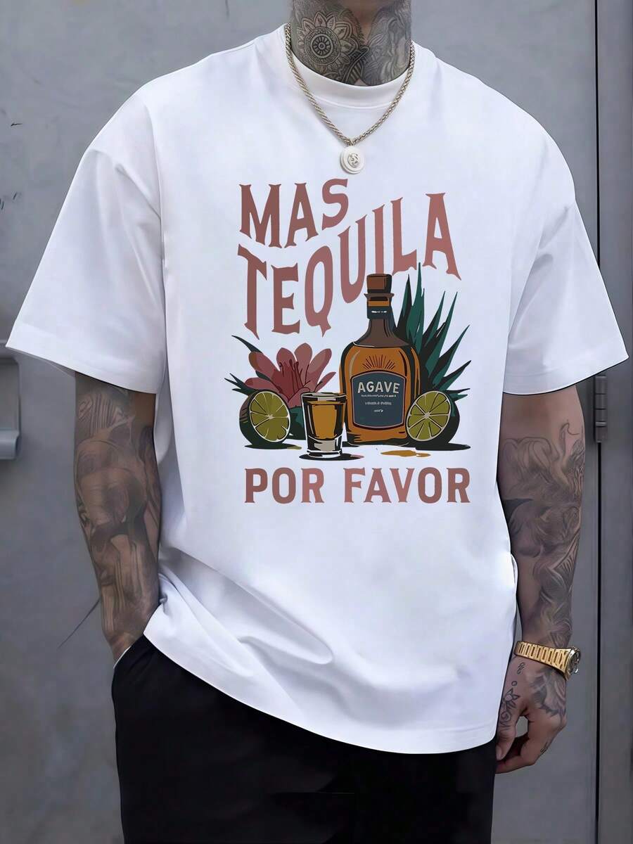 Botella de licor con texto divertido que invita a disfrutar de momentos alegres en fiestas con amigos y toques tropicales atractivos con frutas y hojas verdes camiseta de hombre casual cómoda para verano - Blanco - Ver 1