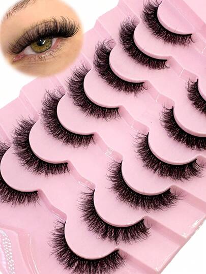 HBZGTLAD 7 Pairs Fluffy Natural Thick False Eyelashes, Wispy Cat Eye Lashes, Densely Curled 3D Fluffy Russian Lash Extensions, Reusable For Daily Wear And Practice