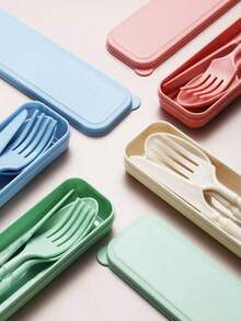 1 Set/8 Sets Portable Plastic Striped Cutlery Set, Camping Tableware, Reusable Spoon & Fork Set With Storage Box, Suitable Picnics & Daily Use,Kitchen,Back To School,School Supplies - Knife, Fork, Spoon, and Chopsticks *1 - (Dark Green) - View 8