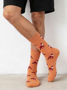 1 par de calcetines de media pantorrilla para hombres con patrón de zorro rojo sobre base naranja, versátiles para todas las estaciones - Multicolor - Ver 3
