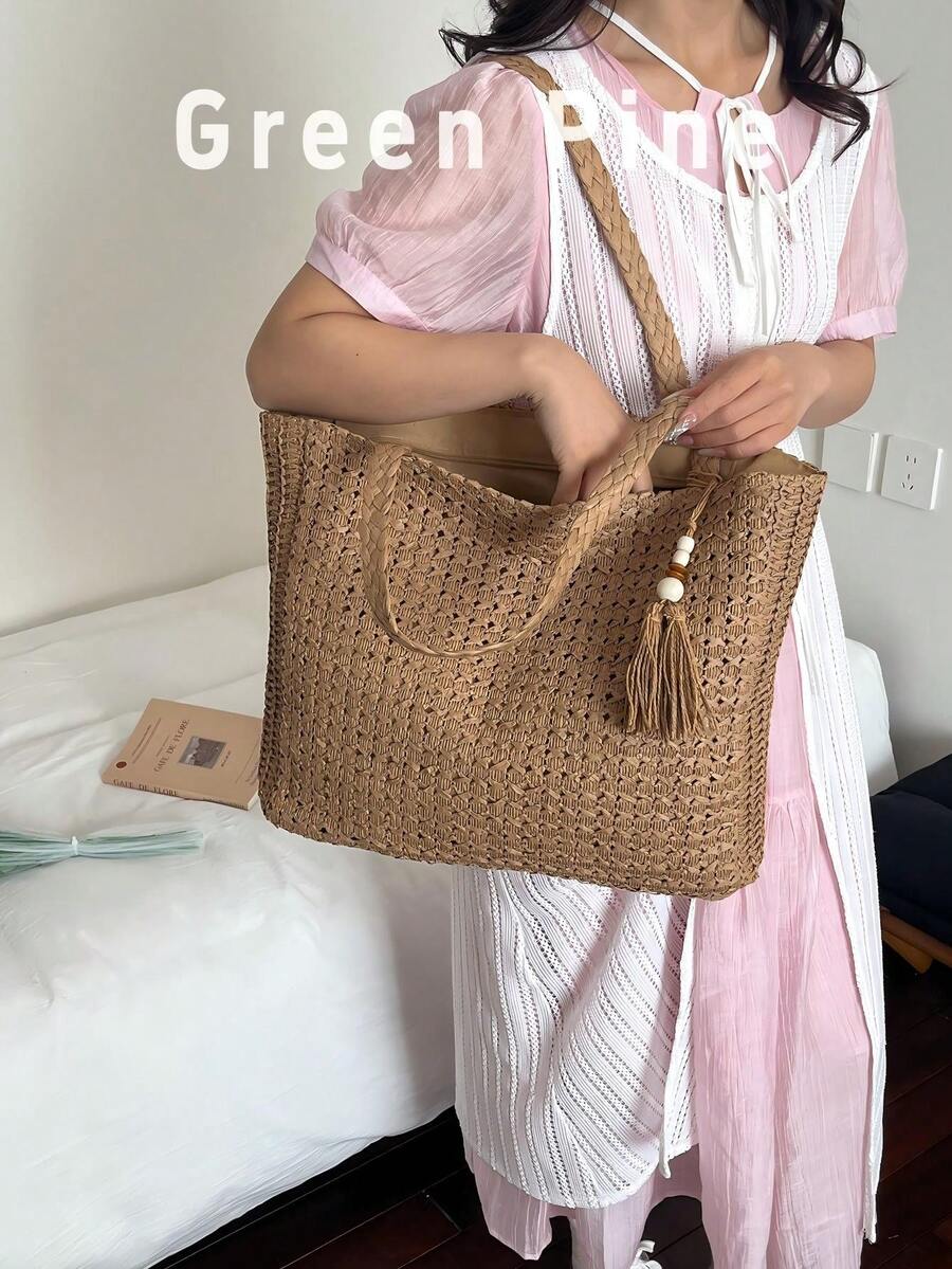 夏季草编沙滩包，大容量手提包，购物篮，手提包，度假风，简约百搭，多口袋女包，适合搭配连衣裙，购物，旅行，收纳，藤编包