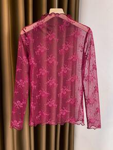 2025新款高领蕾丝层叠网纱透视上衣，长袖薄纱打底衫，适合春、夏、秋季休闲穿着 - 酒紅色 - 查看 3