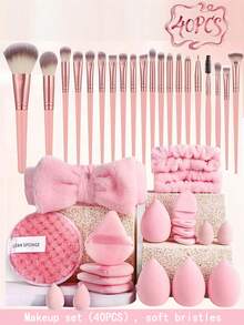 40PCS Pink Makeup Brush Set With Beauty Sponges, Headband & Cleansing Tools - Travel-Friendly Beauty Kit For Women - Pink - View 1