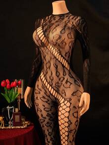 1pc Women's Sexy Lingerie Fishnet Bodystocking,Leopard Hollow See-Throug Long Sleeves,Slim Bikini Cover-Up,Perfect For Party Nights - Black - View 3