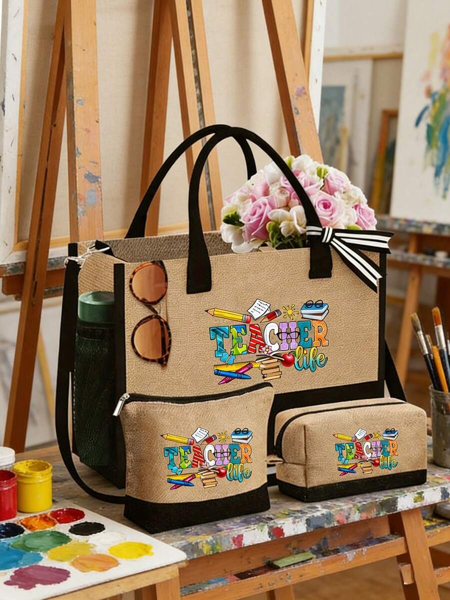 Teacher Letter Pattern Reusable Makeup Bag Set, Including Tote Bag With Shoulder Strap And Cosmetic Bag, Personalized Gift Bag With Side Pocket, Beach Bag With Scarf, Suitable For Holiday, Birthday, Graduation, Daily Use, Beach, Travel, Work, Picnic, Camping - Multicolor - View 1