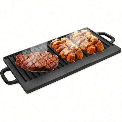 Parrilla, asador y plancha de hierro fundido antiadherente reversible, perfecta para asar carnes o usar como sartén, adecuada para llama directa, inducción, horno o estufa.