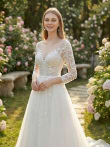 YOUKEFEIER 2025新款优雅A字婚纱，薄纱圆领长袖蕾丝刺绣拖尾新娘礼服，修身显瘦 - 米色 - 查看 4