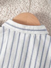 Boys' Blue & White Vertical Striped Short Sleeve Button-Up Shirt, Suitable For Back To School, Vacation, Street Style & Daily Wear - Navy Blue - View 5
