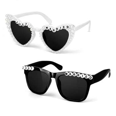 2PCS Just Married Decorations Bride And Groom Fashion Glasses Wedding Fashion Glasses For Just Married Wedding Party Decorations Honeymoon Accessories White And Black