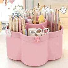 OBOVAY 1pc 360° Rotating Desktop Storage Box With 6 Compartments, PP Organizer, Large Capacity Pen Holder For Students & Kids, Ideal For Makeup Brushes, Pens & Desk Accessories, Simple Design For Office, Bathroom, Vanity, Home (Sticker Pattern Random) - Multicolor - View 3