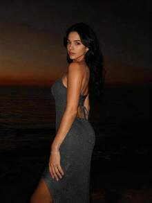 Mejors 女士休闲可爱性感优雅闪亮侧开衩后背系带修身透视长款针织连衣裙无袖沙滩罩衫，适合度假、夜间外出、约会、乡村音乐节、春夏穿着，黑色 - 黑色 - 查看 4