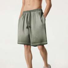 Men's Heavyweight Gradient Washed Drawstring Shorts - Casual Streetwear Elastic Waist Knee Length Shorts With Pockets - Vintage Distressed Denim Look Summer Bottoms For Men -  Y2K Inspired Relaxed Fit Casual Shorts For Daily Wear, Street Style, And Outdoor Activities - 2026 New Arrival American Fashion Essentials - 軍綠色 - 查看 2