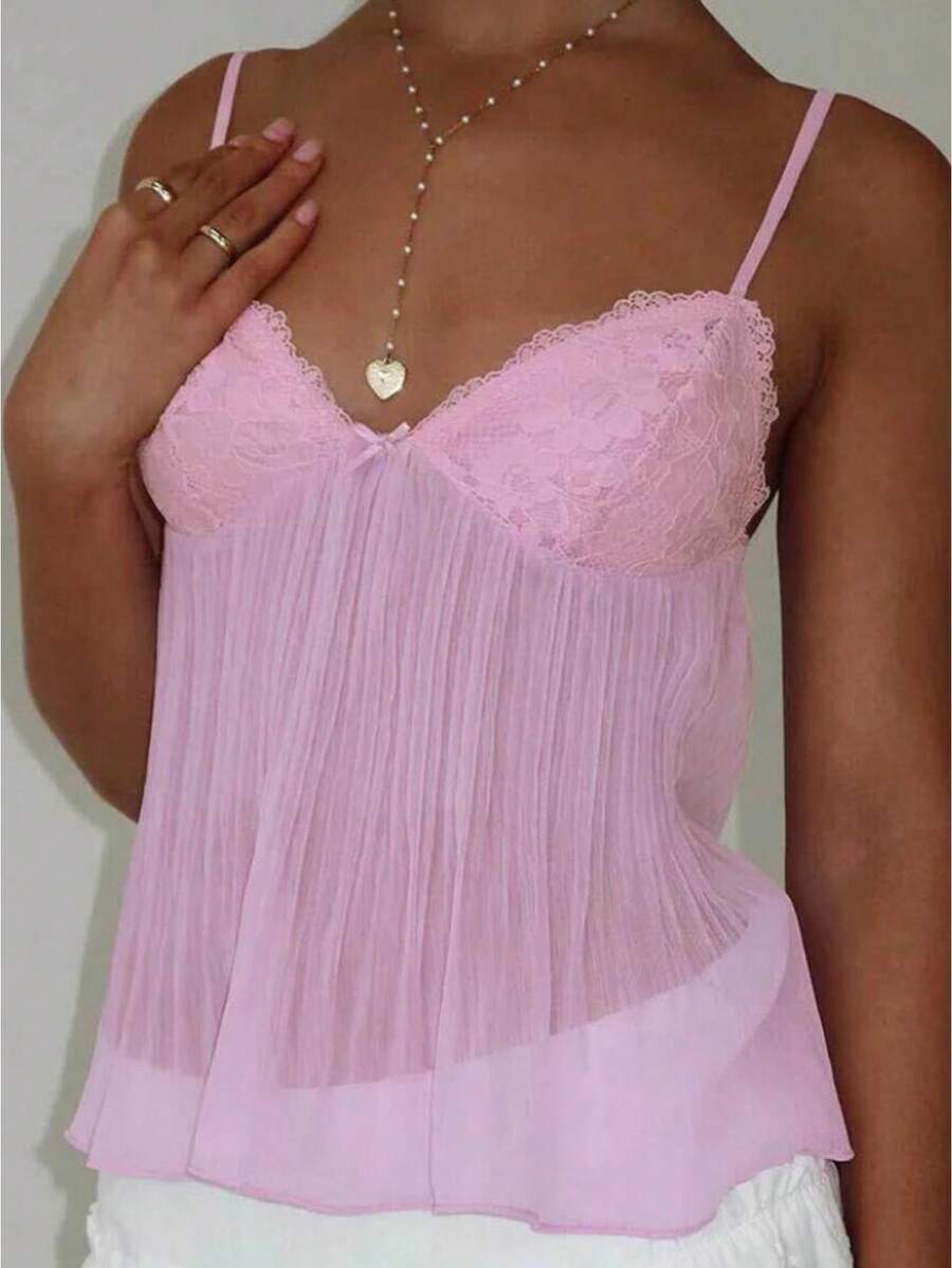 Women Y2k Babydoll Tank Tops Lace Trim V Neck Crop Cami Spaghetti Strap Peplum Top Summer Cute Aesthetic Flowy Shirts - 粉色 - 查看 1
