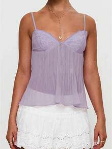 Women Y2k Babydoll Tank Tops Lace Trim V Neck Crop Cami Spaghetti Strap Peplum Top Summer Cute Aesthetic Flowy Shirts - 紫色 - 查看 1