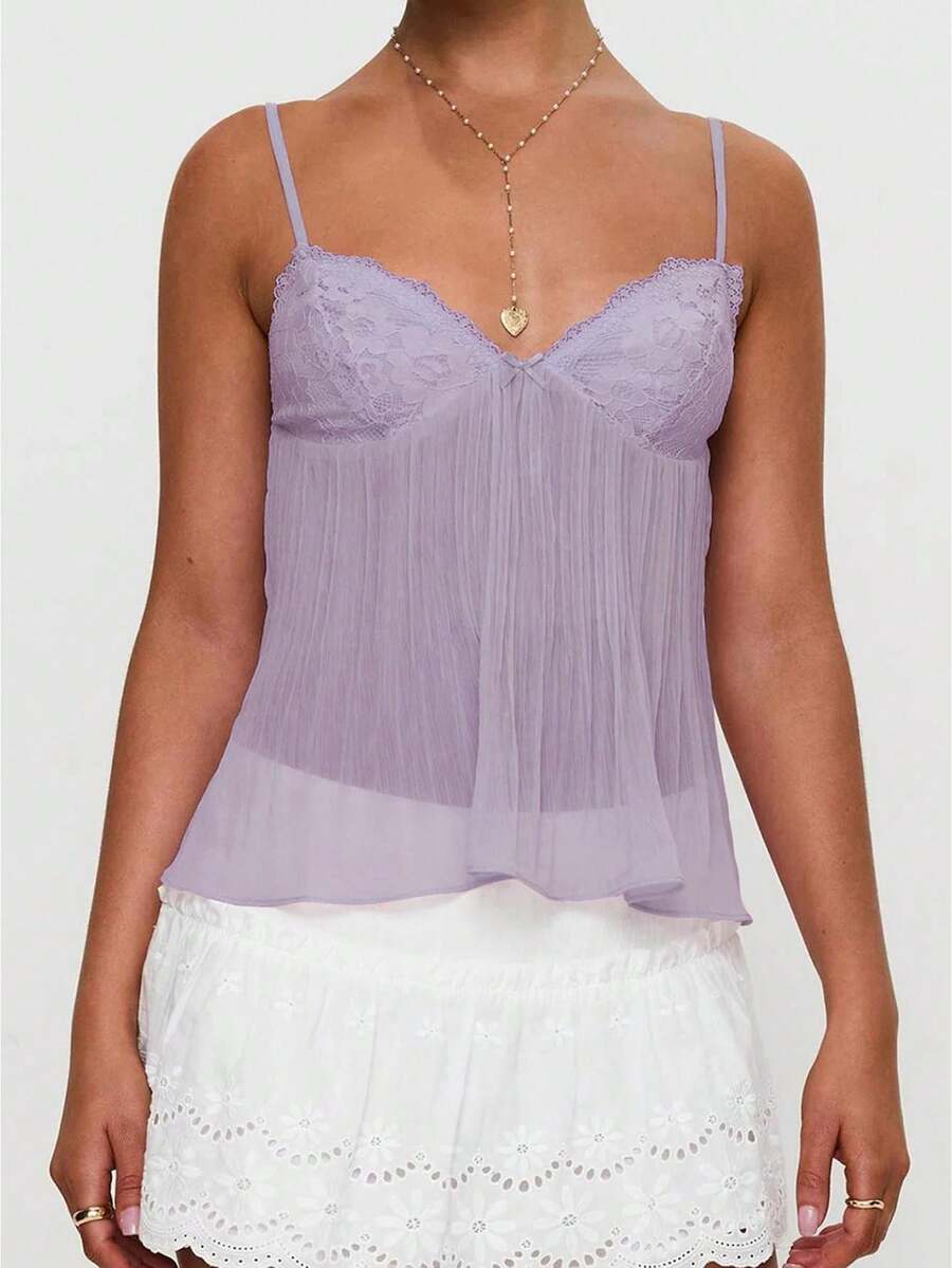 Women Y2k Babydoll Tank Tops Lace Trim V Neck Crop Cami Spaghetti Strap Peplum Top Summer Cute Aesthetic Flowy Shirts - 紫色 - 查看 1