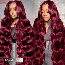 26 Inches 180% Density 13x4 Body Wave Lace Front Wigs Human Blended Hair Pre Plucked 13x4 HD Transparent Lace Frontal Wigs Human Blended Hair 180% Density Glueless Wigs Human Blended Hair Wig For Natural Hairline With Baby Hair 99J Burgundy - S99J/BUG - View 4