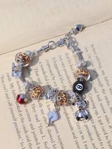 1pc Back To School Leopard Print Bear Charm Bracelet, Street Fashion Star Bracelet, Graduation Doctoral Cap Bracelet, Renaissance Style Bear Bracelet, Dark Skeleton Charm Bracelet - Silver - View 5