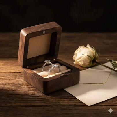 1个黑胡桃木结婚戒指盒，双环求婚戒指收纳盒，刻字结婚礼物，香槟色斜面设计，重型实木斜面边缘设计，双戒指槽，雕刻细节，奢华轻奢风格，天然胡桃木色，长方形，斜面边缘雕刻盖，双戒指槽戒指盒和求婚盒，非常适合作为结婚求婚、订婚礼物或情侣礼物。