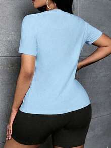 Conjunto set paquete pack 2 piezas dama mujer playera camiseta blusa gráfica manga corta cuello redondo shorts leggings biker cortos básico casual estampado ciudades new york NY nueva york - Azul Cielo - Ver 2