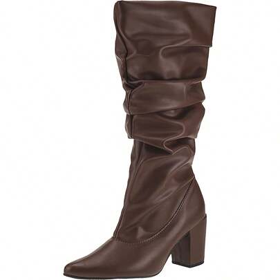 Bota Feminina Cano Longo Enrugado Salto Bloco Bico Fino Confortável Original