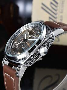 LONGLUX 1pc Men's Black Zinc Alloy Business Style Luminous Carved Automatic Tourbillon Hollow Mechanical Watch - Rust Brown - View 5