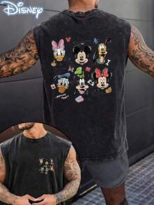 Disney Official Licensed Mickey & Friends Unisex Acid Wash Sleeveless T-Shirt, Character Signatures Graphic Tank Top, 230g Heavyweight Cotton Blend, Casual Vacation Top, Breathable Summer Wear - 黑色 - 查看 1