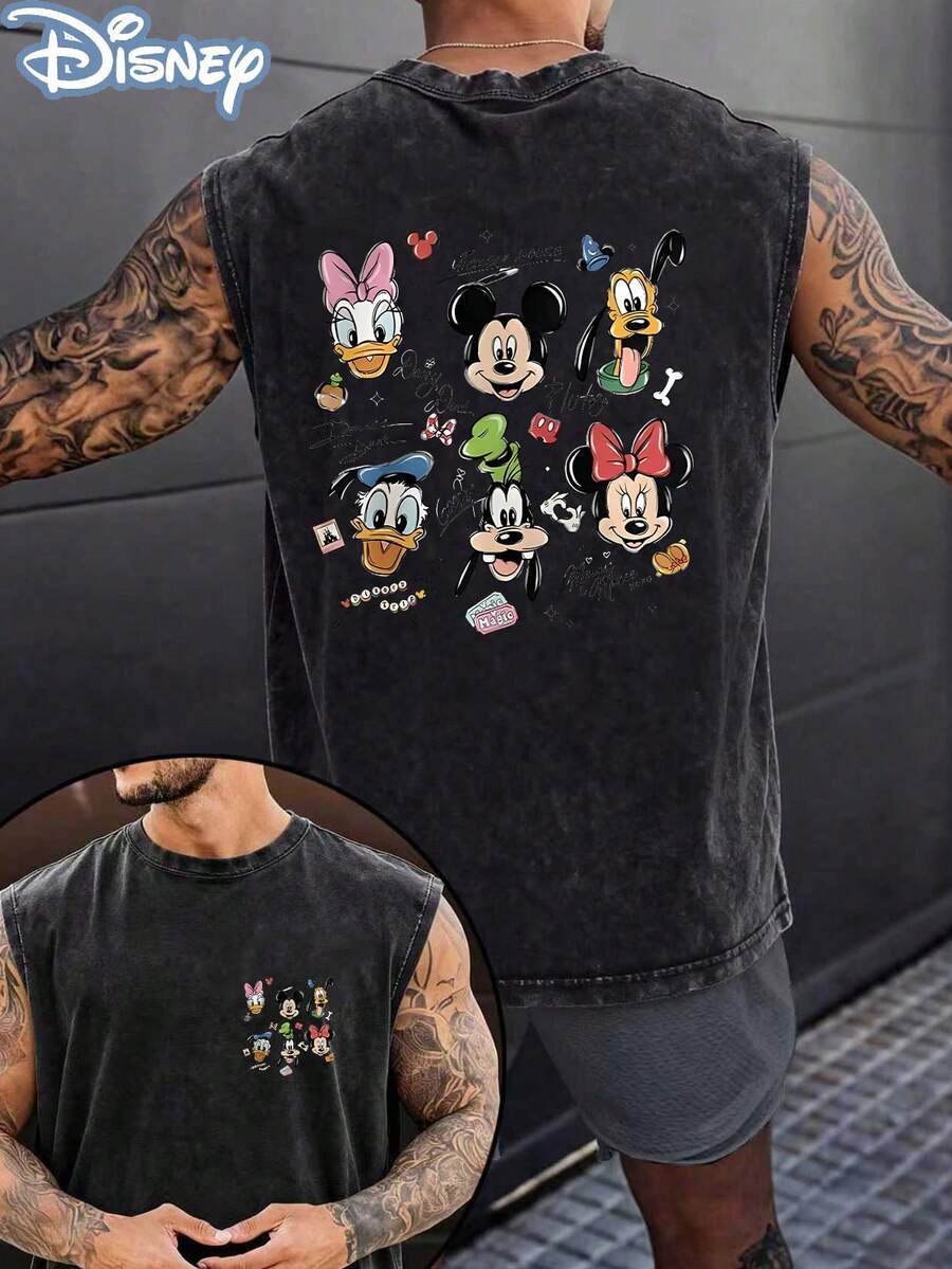 Disney Official Licensed Mickey & Friends Unisex Acid Wash Sleeveless T-Shirt, Character Signatures Graphic Tank Top, 230g Heavyweight Cotton Blend, Casual Vacation Top, Breathable Summer Wear - 黑色 - 查看 1
