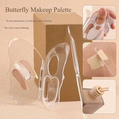 MyAoKuE-Up 1件套彩妆调色盘套装，包括1个蝴蝶形调色盘和1个晕染棒，粉底液收纳工具，便携可折叠，适合旅行携带。