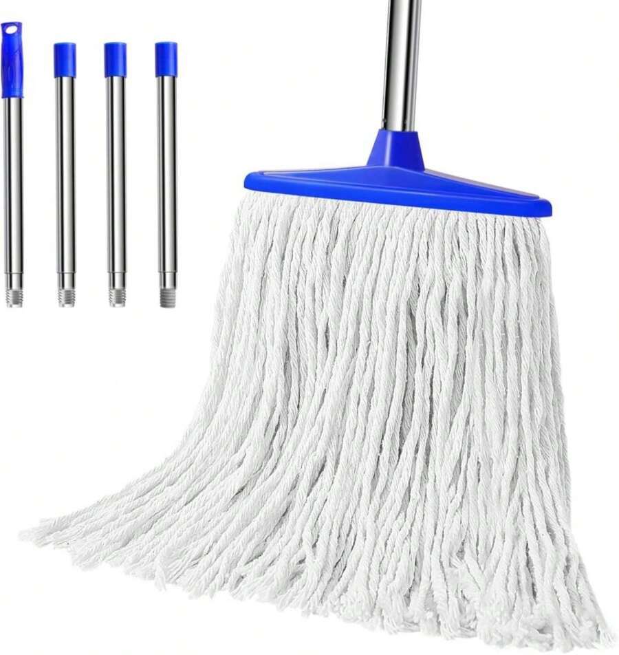 Indoor Cotton Mops For Floor Cleaning - Indoor Cleaning Mop For Wood Floors, Tile, Hardwood Floor, 52" Adjustable Stainless Steel Handle Mops To Clean Living Room, Kitchen,Bathroom (White Blue) - White - 查看 1